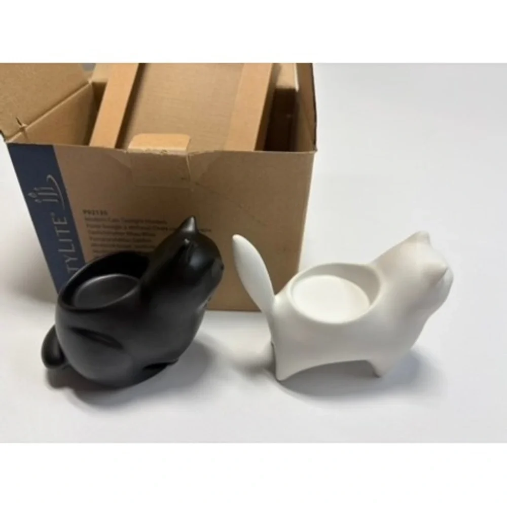 PartyLite‎ Modern Cat Tealight Holders Set of 2 Black White Ceramic w Box - Picture 7 of 14